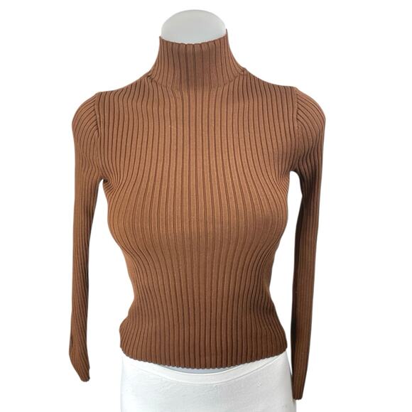 Zara Women Brown Long Sleeve Ribbed Knit Turtleneck Slim Fit Sweater Top Size S - Picture 1 of 4